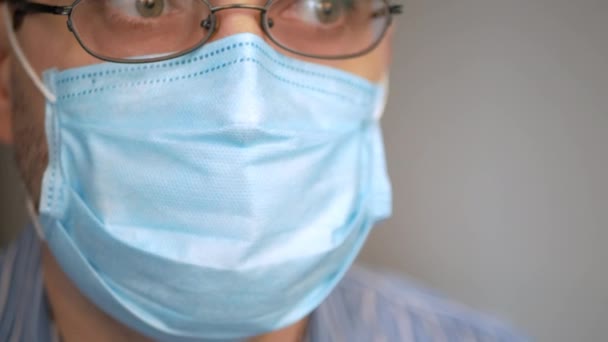 Sad Man Mask His Face Antivirus Protection Taking Deep Breath — Stock Video