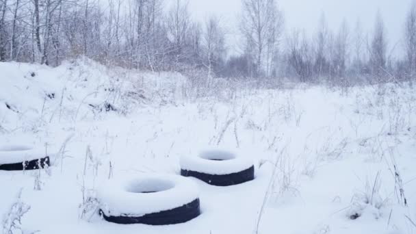 Winter landscape with tires — Stock Video