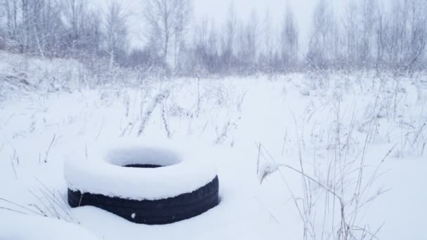 Paisaje de invierno con un neumático — Vídeos de Stock