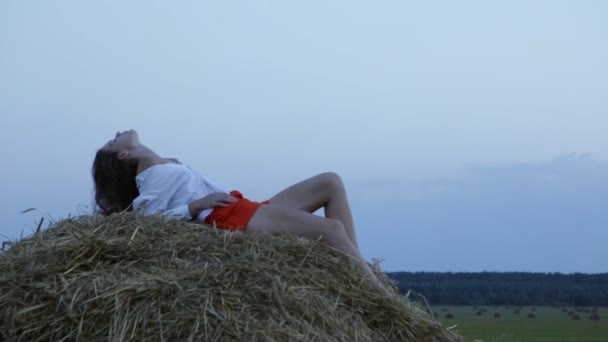 干し草の上に横たわる若く美しい女性。ループ — ストック動画