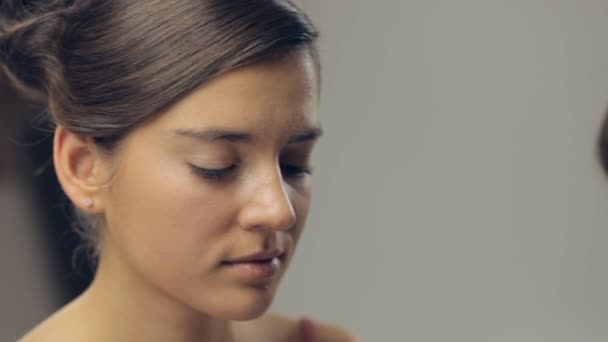 Maquillaje artista aplicar maquillaje con un cepillo en la mejilla de la mujer joven. Panorama — Vídeo de stock