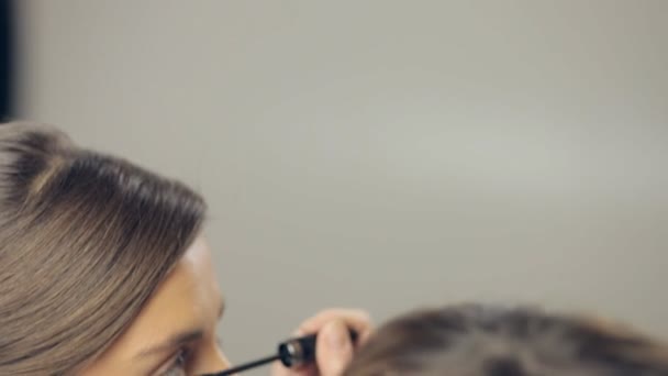Makyaj sanatçısı makyaj kirpik üzerinde uygulamak. Dikey kaydırma — Stok video