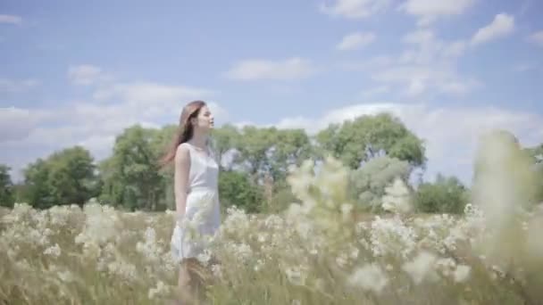 Joven mujer bonita en medio del prado de flores — Vídeos de Stock