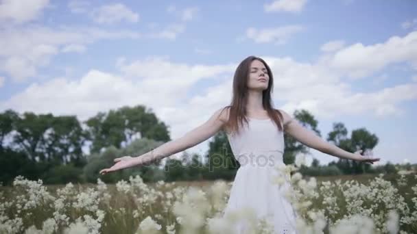 Giovane bella donna in mezzo al prato fiorito con le mani sparse — Video Stock