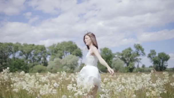 Молодая красивая женщина посреди цветочного луга танцует — стоковое видео
