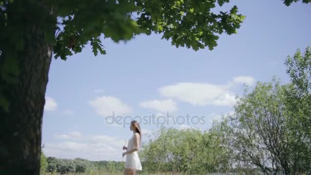 Młoda ładna kobieta na łące. Ciesząc się światło słoneczne — Wideo stockowe