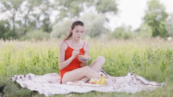 Jonge dame op picknick — Stockvideo