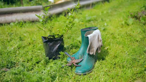 Silencio con herramientas de jardinería y ropa — Vídeos de Stock