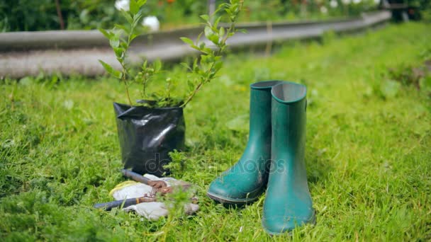 Stilllife met tuingereedschap en kleding — Stockvideo