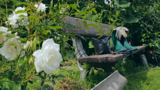 Silencio con herramientas de jardinería y ropa — Vídeo de stock