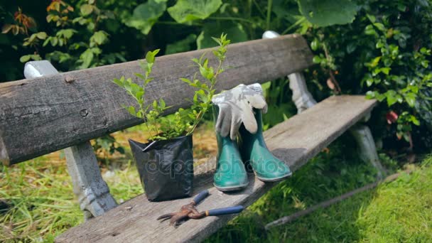 Stilllife with gardening tools and clothes — Stock Video