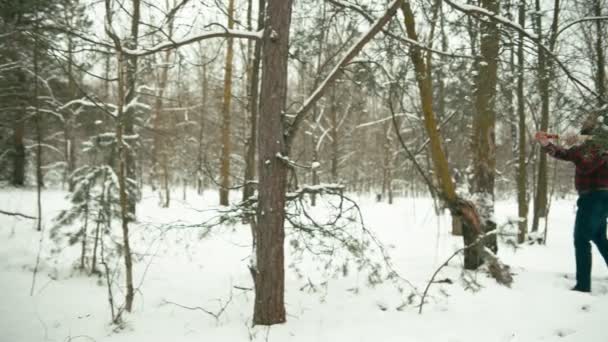 Skäggig Man Med Yxa Snöig Skog Kort Skärpedjup Konverterade Från — Stockvideo