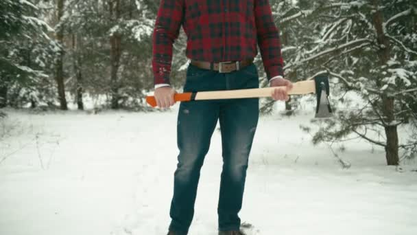 有胡子的男子在白雪皑皑的森林斧头 从原始的转换 Rec 709 — 图库视频影像