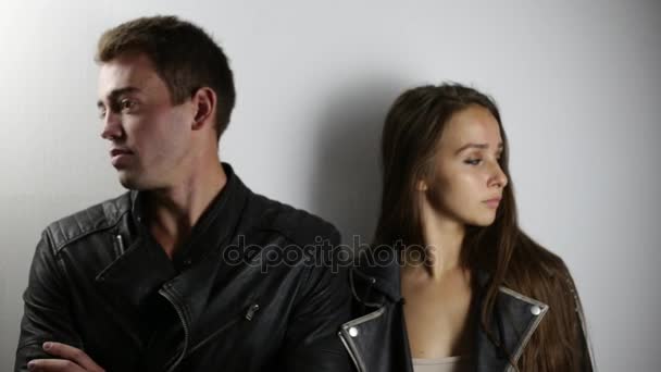 Flirting Heterosexual Couple Leather Jackets White Shallow Depth Field — Stock Video