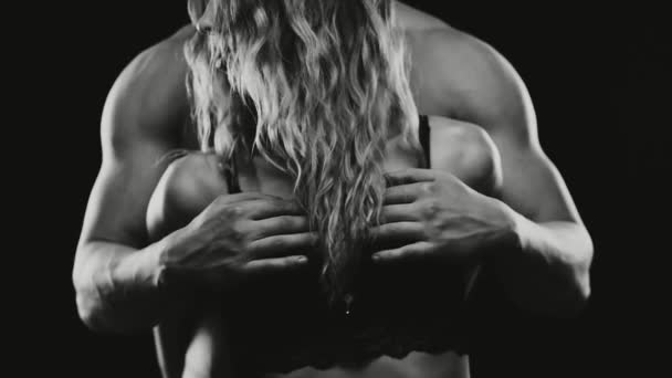 Fitness Couple Man Gently Touching Torso Young Fit Woman Black — Stock Video