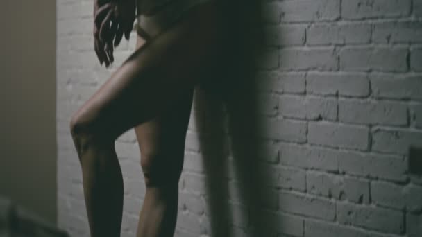 Fit Curly Blond Underwear Standing Brickwall Indoors Night Seamless Loop — Stock Video