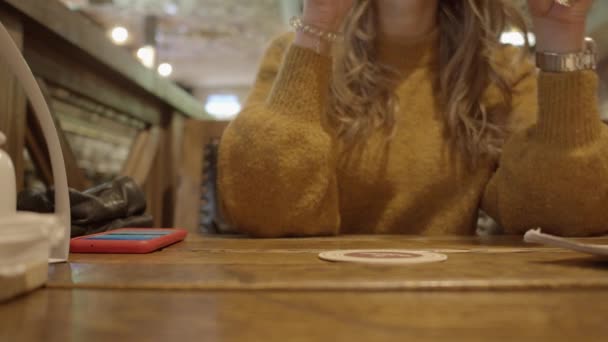 Femme Buvant Bière Avec Liqueur Dans Pub Seulement Les Mains — Video