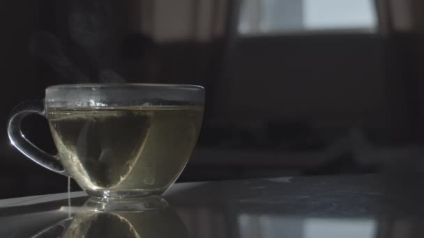 Cup Hot Tea Steam Shallow Depth Field Slow Motion 120Fps — Stock Video