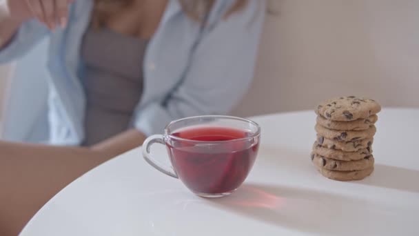 Woman Drinking Red Tea Shot Slow Motion — ストック動画