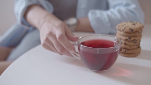 Woman Drinking Red Tea Shot Slow Motion Selective Focus Cup — Stock Video