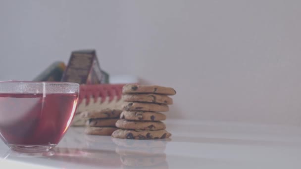 Red Cup Tea Table Cookies Shallow Depth Field — Stock Video