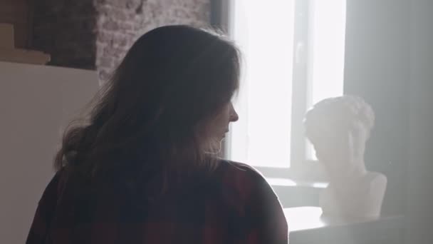 Profiel Van Vrouw Standbeeld Buste Verlicht Met Zon Handheld Beelden — Stockvideo