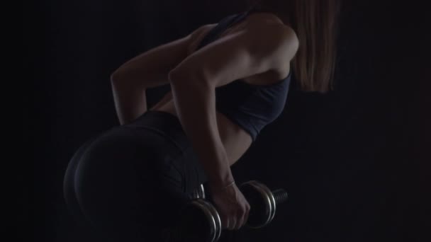 Fit Woman Doing Exercise Spine Dumbbells Shot Slow Motion — Stock Video