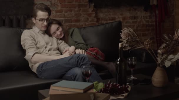 Kırmızı Şarapla Kutlama Yapan Çift Sığ Alan Derinliği Yavaş Çekim — Stok video