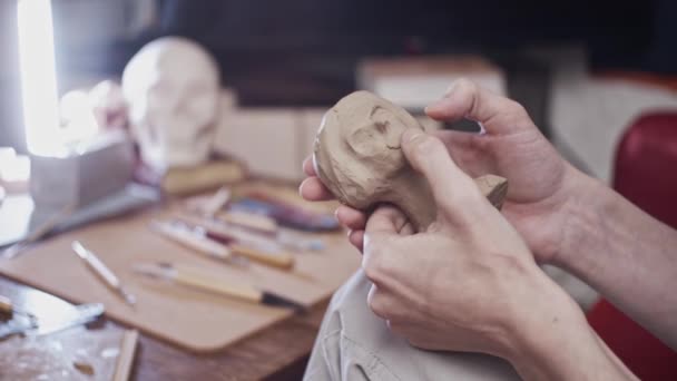 Young Artist Sculpting Bust Woman Plasticine Non Drying Clay — Stock Video