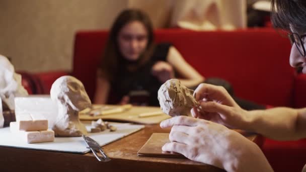 Young Artist Sculpting Bust Woman Real Young Woman Using Plasticine — 비디오