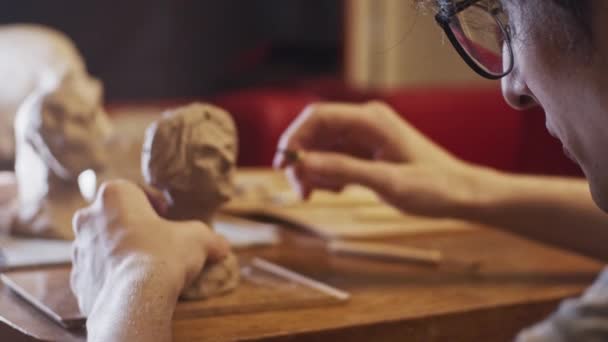 Young Artist Sculpting Bust Woman Real Young Woman Using Plasticine — 비디오