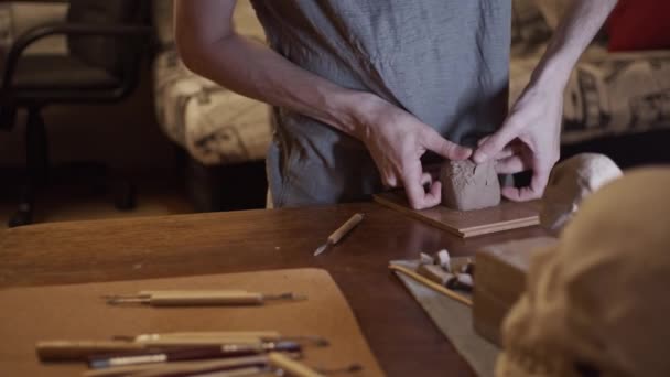 Young Artist Sculpting Bust Woman Plasticine Non Drying Clay — Stock Video