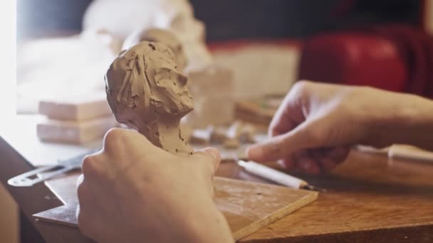 Young Artist Sculpting Bust Woman Real Young Woman Using Plasticine — 비디오