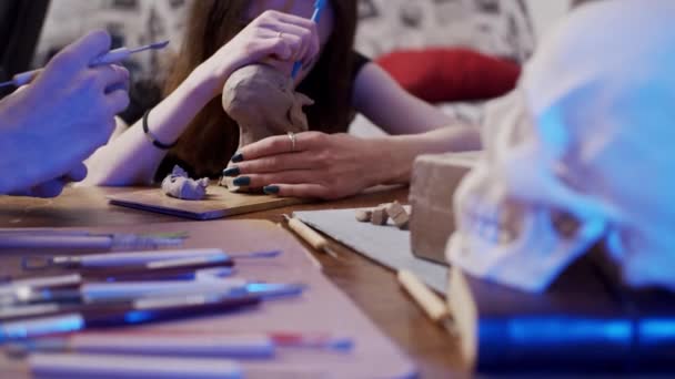 Two Young Artists Sculpting Using Plasticine Non Drying Clay — 图库视频影像