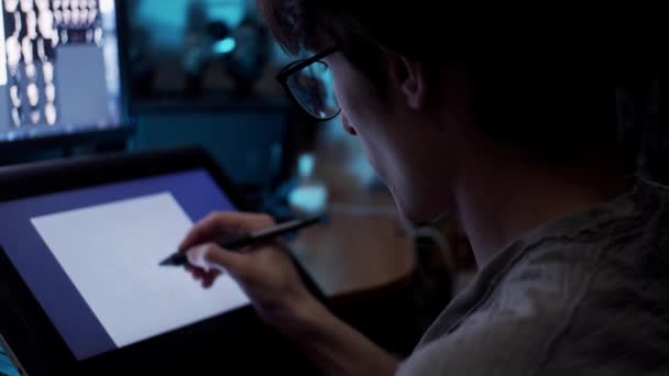 Fiatal Művész Rajz Illusztráció Tabletta Lassított Felvétel Sekély Mélysége Mező — Stock videók