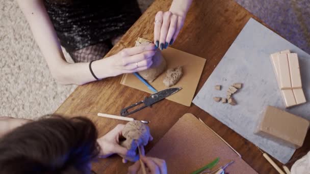 Two Young Artists Sculpting Using Plasticine Non Drying Clay — Stock Video