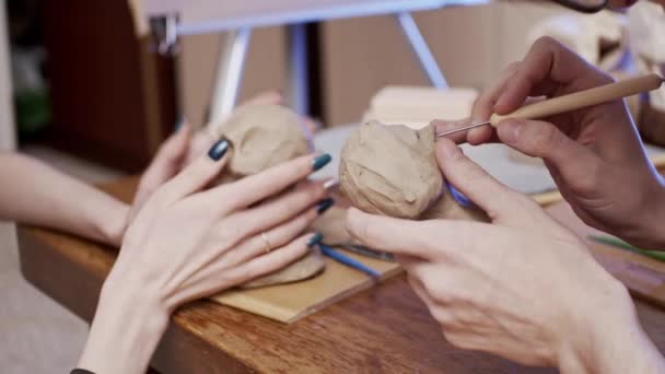 Two Young Artists Sculpting Using Plasticine Non Drying Clay — 图库视频影像