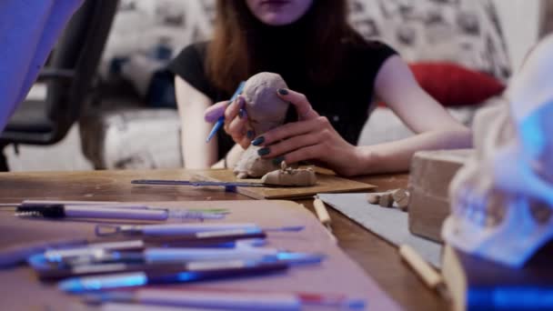 Deux Jeunes Artistes Sculptant Avec Plasticine Argile Non Séchante — Video