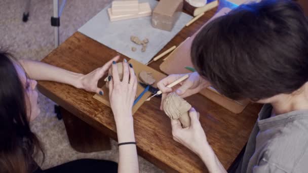 Two Young Artists Sculpting Using Plasticine Non Drying Clay — 图库视频影像