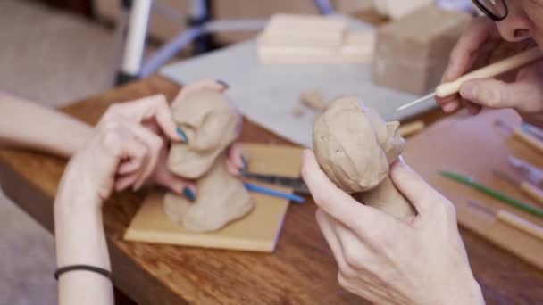 Twee Jonge Kunstenaars Beeldhouwen Met Behulp Van Plasticine Niet Drogende — Stockvideo