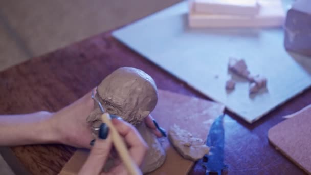 Young Artist Sculpting Bust Woman Plasticine Non Drying Clay — 비디오