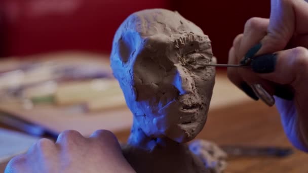 Young Artist Sculpting Bust Woman Plasticine Non Drying Clay — Stock Video