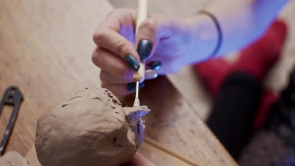 Jonge Kunstenaar Beeldhouwen Buste Van Vrouw Met Plasticine Niet Drogen — Stockvideo