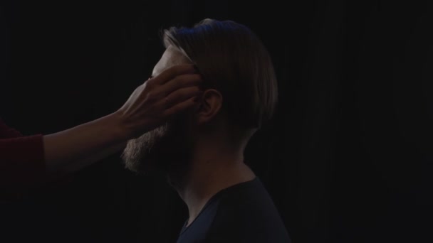 Hands Woman Touching Man Beard Slow Motion — Stock Video