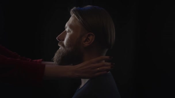 Hands Woman Touching Man Beard Slow Motion — 비디오