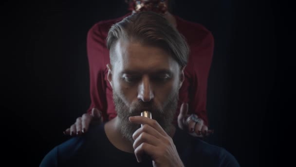 Bearded Man Smoking Vape Woman Touching Beard Man Tender Slow — Stock Video