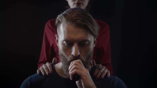 Bearded Man Smoking Vape Woman Touching Beard Man Tender Slow — Stock Video