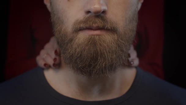 Hands Woman Massaging Man Beard Slow Motion Shallow Depth Field — 비디오