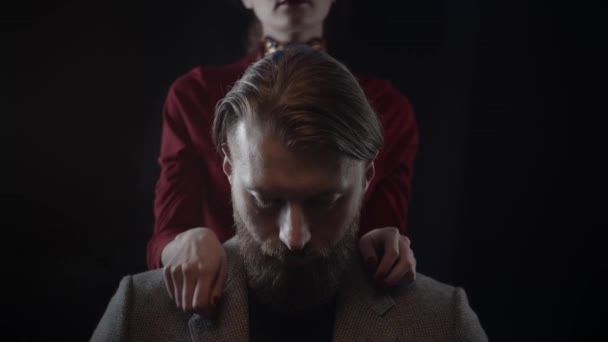 Bearded Man Smoking Vape Woman Touching Beard Man Tender Slow — 비디오