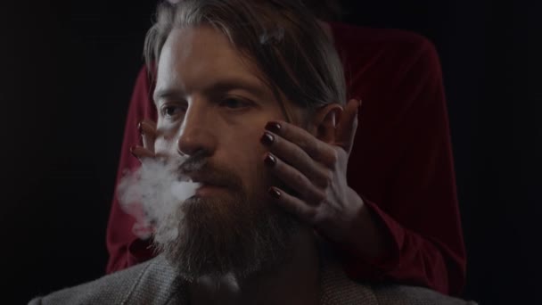 Bearded Man Smoking Vape Woman Touching Beard Man Tender Slow — Stock Video